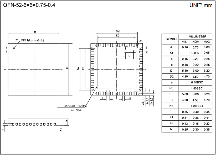 QFN-52-6×6×0.75-0.4（单基岛）